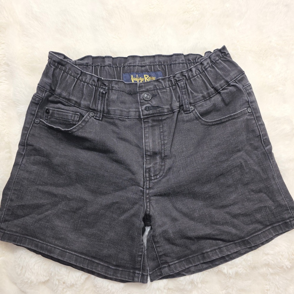 Indigo Rein Denim Shorts Women 7 Black Excellent Paperbag Waist Stretch 020
